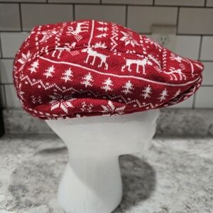 Newsboy Hat Cap Fitted Red White Reindeer Trees
